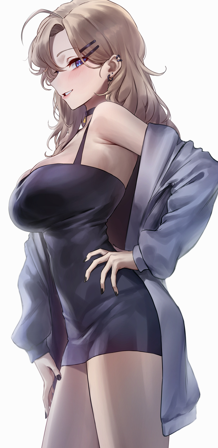 1girl absurdres ahoge bare_shoulders black_choker black_dress black_nails blue_eyes blush breasts brown_hair choker cleavage commentary commission cowboy_shot dress from_side grey_jacket grin hair_ornament hairclip hand_on_own_hip highres jacket large_breasts long_hair long_sleeves looking_at_viewer monegi nail_polish off_shoulder original pencil_dress pixiv_commission sleeveless sleeveless_dress smile solo spaghetti_strap standing thighs