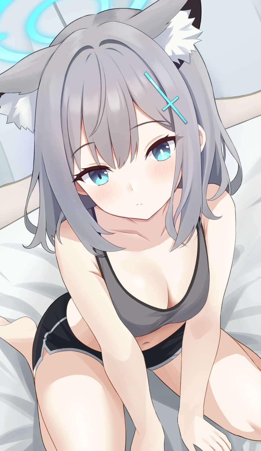 1girl animal_ear_fluff animal_ears barefoot black_shorts blue_archive blue_eyes blue_halo blush breasts cleavage closed_mouth collarbone cross_hair_ornament dolphin_shorts extra_ears grey_hair grey_sports_bra hair_ornament halo highres indoors looking_at_viewer medium_breasts medium_hair mismatched_pupils raimu_(clanberry000) shiroko_(blue_archive) shorts solo sports_bra wolf_ears