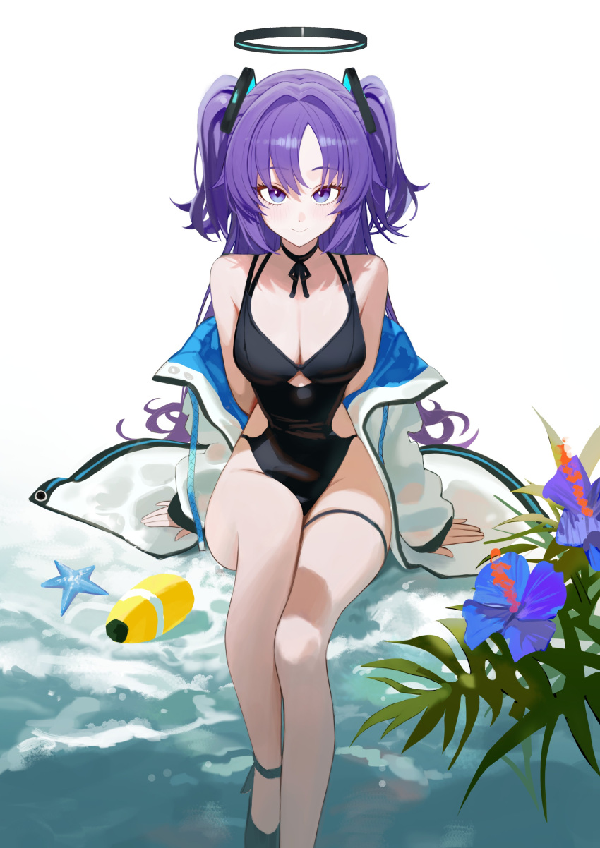 1girl absurdres arm_support bare_shoulders black_choker black_footwear black_one-piece_swimsuit blue_archive blue_flower breasts casual_one-piece_swimsuit choker cleavage closed_mouth cutout_above_navel flower foot_out_of_frame hair_ornament highres jacket long_hair long_sleeves looking_at_viewer medium_breasts off_shoulder one-piece_swimsuit open_clothes open_jacket purple_eyes purple_hair shoes simple_background simsimhea sitting sleeves_past_wrists smile solo starfish swimsuit thigh_strap two-sided_fabric two-sided_jacket two_side_up very_long_hair water white_background white_jacket yuuka_(blue_archive)