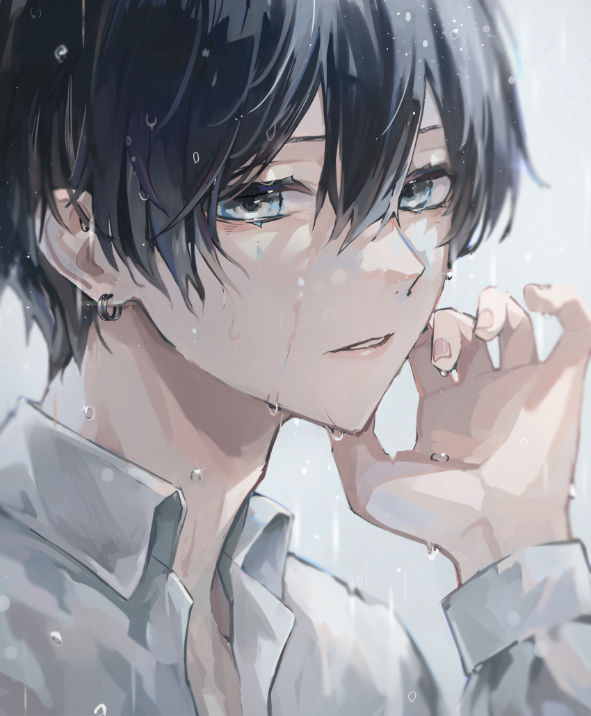 1boy absurdres adam's_apple bishounen black_hair blue_eyes close-up collared_shirt ear_piercing earrings eyelashes hand_up highres jewelry looking_at_viewer male_focus original parted_lips piercing portrait sai_gumi shirt solo water_drop wet wet_clothes wet_face wet_hair white_background white_shirt