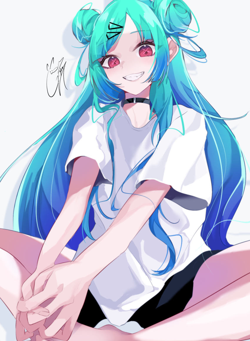 1girl absurdres aqua_hair black_choker blush choker double_bun goma_irasuto hair_bun highres long_hair looking_at_viewer original shirt short_sleeves signature simple_background smile solo t-shirt white_shirt