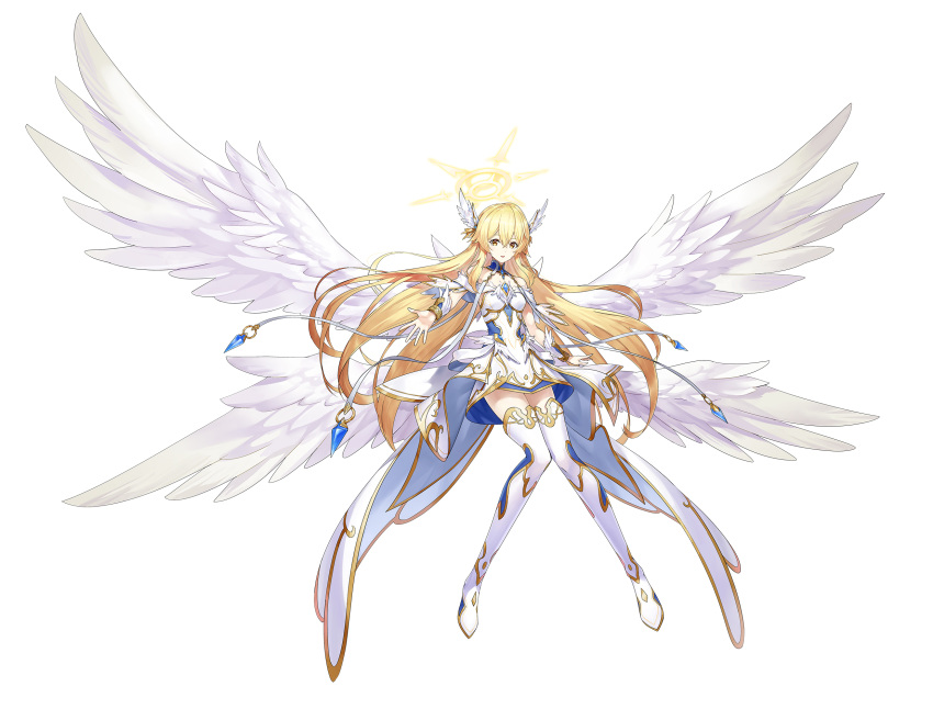 1girl angel angel_wings blonde_hair boots borrowed_character bracelet breasts commission detached_collar dress full_body gem halo head_wings highres jewelry long_hair looking_at_viewer multiple_wings mytea_(soso) original skeb_commission small_breasts solo thigh_boots very_long_hair white_background white_dress wings yellow_eyes