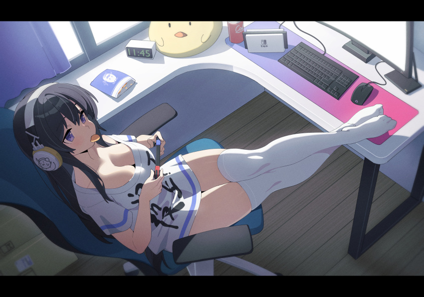 1girl absurdres azur_lane bag_of_chips bare_shoulders black_hair breasts can chair chips_(food) cleavage clock digital_clock drink_can food food_in_mouth gaming_chair handheld_game_console headphones highres holding holding_handheld_game_console indoors keyboard_(computer) large_breasts long_hair long_island_(azur_lane) long_island_(long_island_-_indoor_slacker)_(azur_lane) manjuu_(azur_lane) midsummerw monitor nintendo_switch off-shoulder_shirt off_shoulder official_alternate_costume oversized_clothes oversized_shirt potato_chips purple_eyes shirt short_sleeves soda_can solo swivel_chair thighhighs very_long_hair white_shirt white_thighhighs wooden_floor
