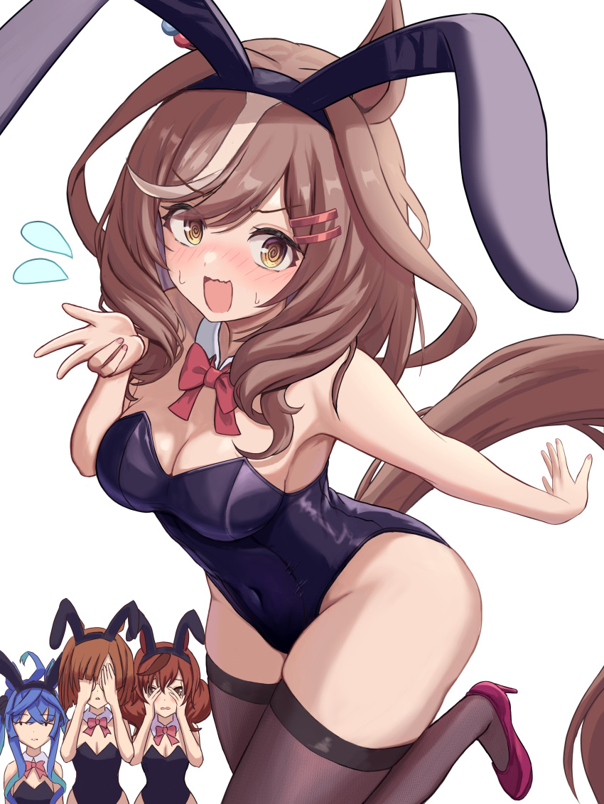 4girls @_@ absurdres animal_ears breasts brown_hair cleavage closed_mouth collarbone commentary_request embarrassed filkia hair_between_eyes hair_ornament highres horse_ears horse_girl horse_tail ikuno_dictus_(umamusume) leg_up looking_at_viewer matikane_tannhauser_(umamusume) medium_breasts medium_hair multiple_girls nice_nature_(umamusume) playboy_bunny simple_background tail thighhighs twin_turbo_(umamusume) umamusume white_background