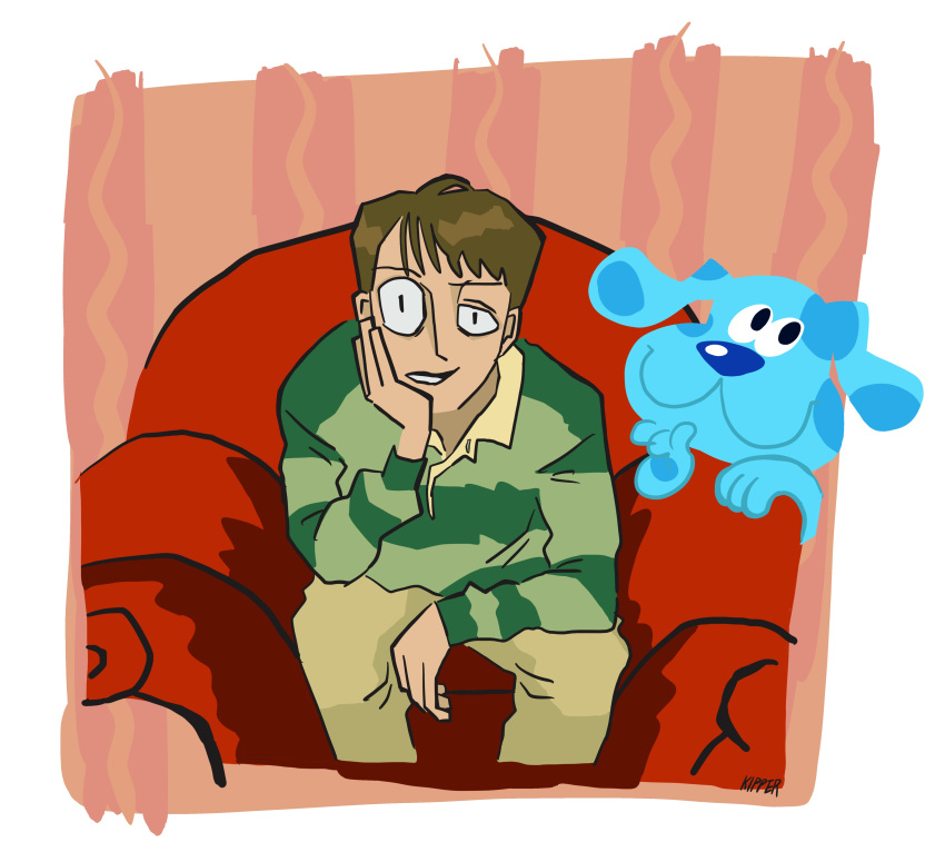 1boy absurdres armchair black_eyes blue's_clues blue_(blue's_clues) border brown_hair brown_pants chair collared_shirt constricted_pupils cropped_legs dog elbow_on_knee green_shirt hand_on_own_chin head_rest highres kipper_goodbreakfast leaning_forward looking_at_viewer male_focus on_chair outside_border pants polo_shirt shirt short_hair signature sitting smirk solo steve_(blue's_clues) striped_clothes striped_shirt uneven_eyes white_border