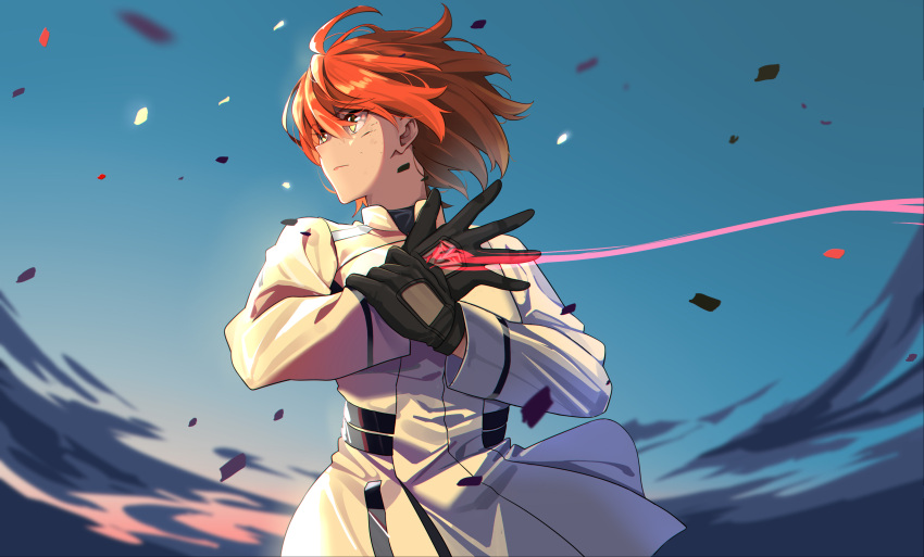 1girl absurdres ahoge black_gloves command_spell fate/grand_order fate_(series) fujimaru_ritsuka_(female) fujimaru_ritsuka_(female)_(decisive_battle_chaldea_uniform) gloves highres light_trail orange_eyes orange_hair shijie_jianfa shirt white_shirt wind