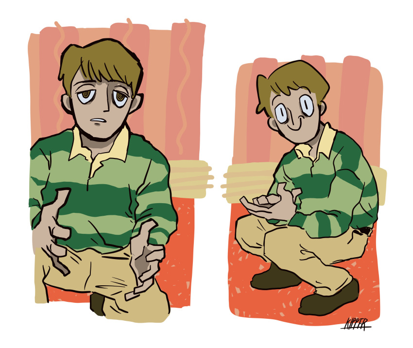 1boy absurdres blue's_clues brown_eyes brown_hair brown_pants c: closed_mouth collared_shirt expressionless green_shirt half-closed_eyes hands_up highres indoors kipper_goodbreakfast light_frown long_sleeves looking_at_viewer male_focus multiple_views on_one_knee own_hands_together palms_together pants parted_lips polo_shirt ringed_eyes rug sanpaku shirt short_hair signature slav_squatting smile squatting steve_(blue's_clues) striped_clothes striped_shirt