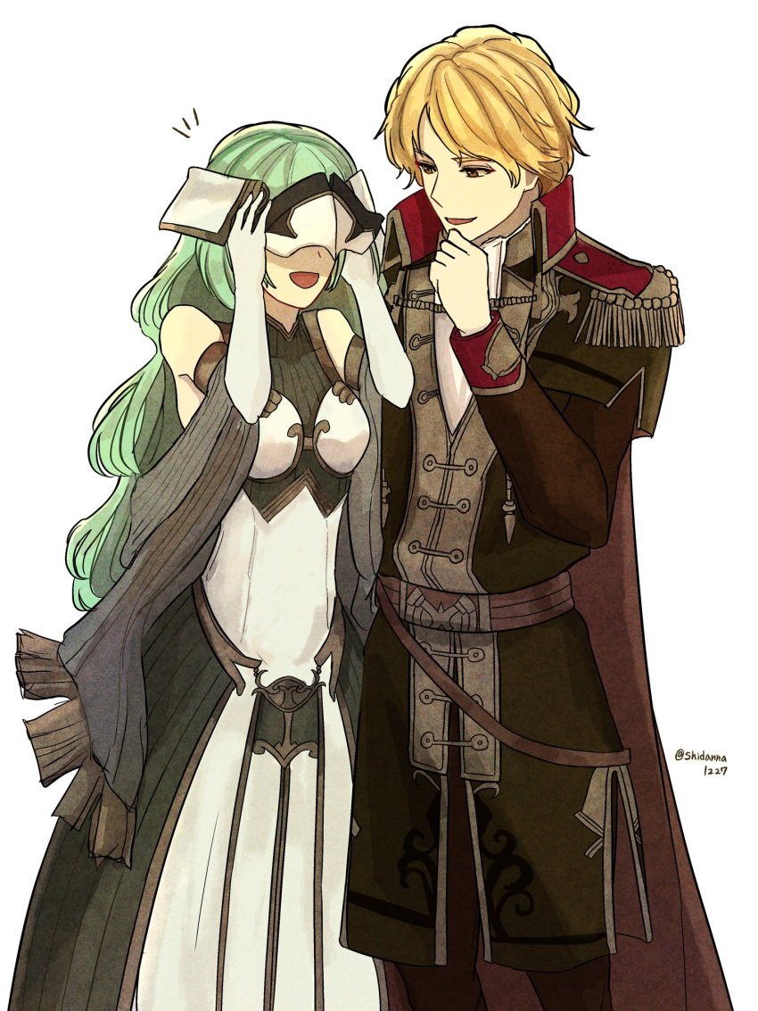 1boy 1girl :d artist_name belt blonde_hair brown_coat cape coat commentary_request couple dress elbow_gloves epaulettes fire_emblem fire_emblem_echoes:_shadows_of_valentia gloves green_hair highres long_hair mask notice_lines official_style open_mouth red_cape shidanna1227 short_hair simple_background smile standing tatiana_(fire_emblem) twitter_username white_background white_dress white_gloves zeke_(fire_emblem)