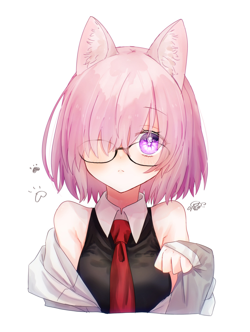 1girl absurdres animal_ear_fluff animal_ears black-framed_eyewear black_shirt blush cat_ears closed_mouth cropped_arms cropped_torso fate/grand_order fate_(series) frown glasses grey_sleeves harukappa highres kemonomimi_mode long_sleeves mash_kyrielight medium_hair necktie pink_hair purple_eyes red_necktie shirt simple_background sleeveless sleeveless_shirt solo straight_hair upper_body white_background wing_collar