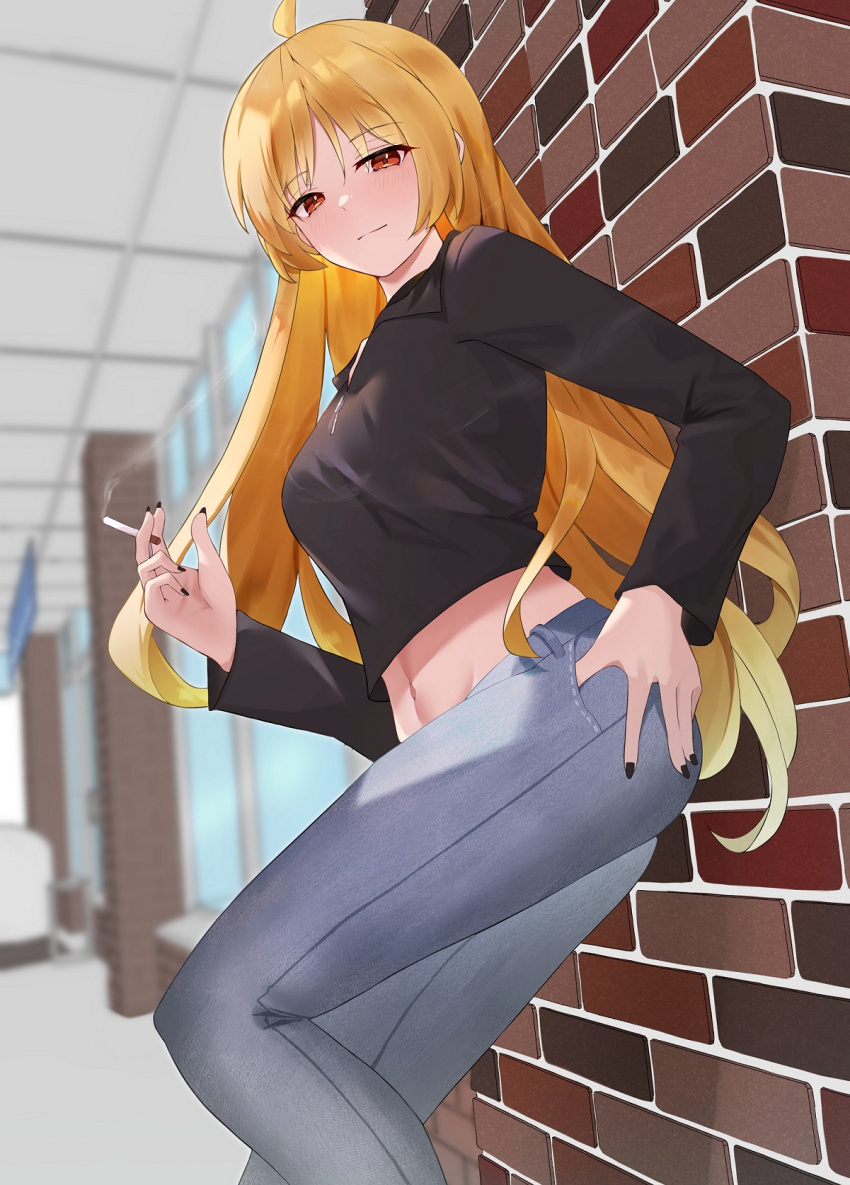 1girl against_wall ahoge between_fingers black_nails black_shirt blonde_hair blue_pants blurry blurry_background bocchi_the_rock! breasts brick_wall bureoeve cigarette closed_mouth commentary_request cropped_shirt denim feet_out_of_frame fingernails highres holding holding_cigarette ijichi_seika indoors jeans light_smile long_fingernails long_hair long_sleeves looking_at_viewer medium_breasts midriff nail_polish navel pants red_eyes shirt smoke solo split_mouth standing very_long_hair