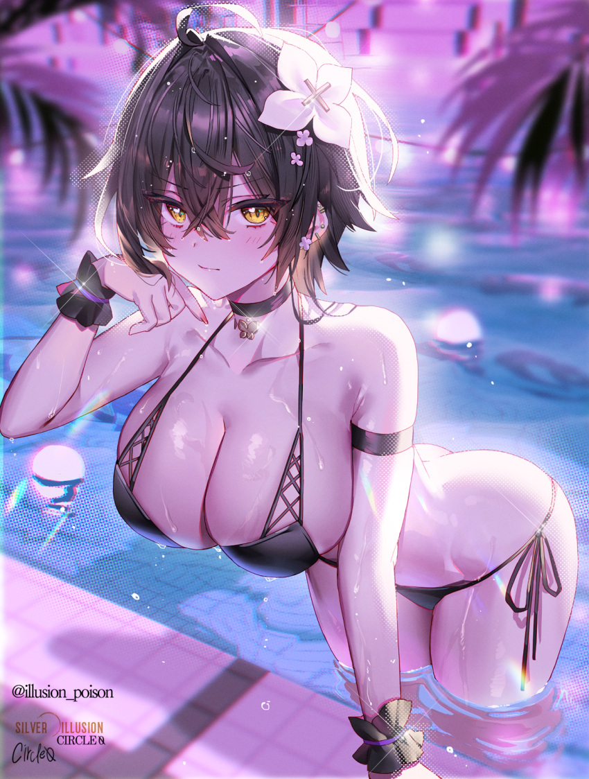 1girl arched_back arm_strap arm_support armband armpit_crease ass bare_shoulders bent_over bikini black_bikini black_choker black_hair blurry breasts choker cleavage closed_mouth depth_of_field ear_piercing earrings flower frills hair_between_eyes hair_flower hair_ornament halterneck hand_up highres hwansang_jungdog jewelry large_breasts leaning_forward looking_at_viewer nail_polish original palm_leaf piercing poolside scrunchie short_hair side-tie_bikini_bottom sideboob skindentation solo string_bikini swimsuit thighs v-shaped_eyebrows wading water wet wrist_scrunchie yellow_eyes