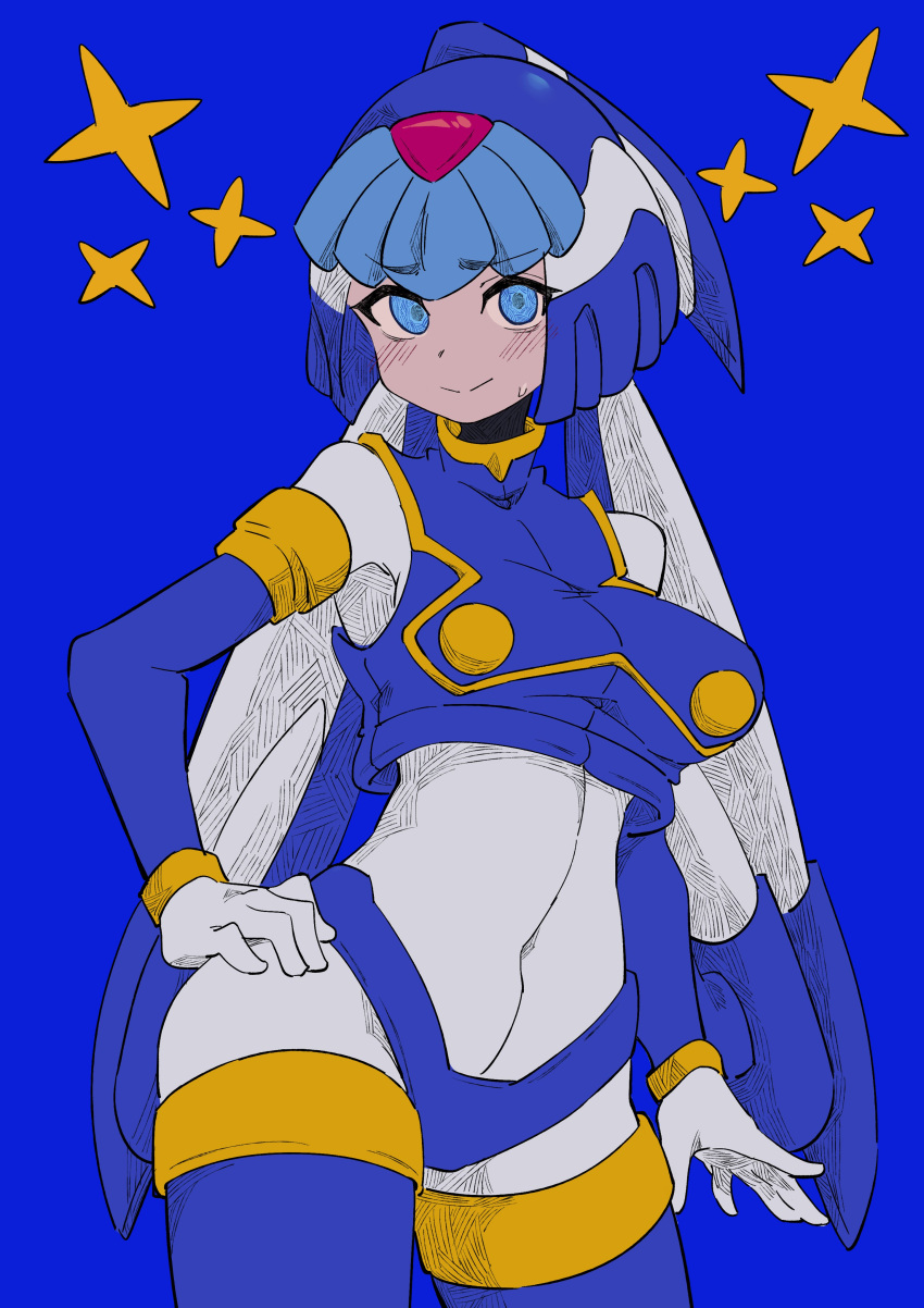 1girl absurdres android blue_background blue_eyes blue_headwear breasts buzzlyears covered_navel crop_top crotch_plate fairy_leviathan_(mega_man) helmet highres looking_at_viewer mega_man_(series) mega_man_zero_(series) simple_background solo star_(symbol) upper_body