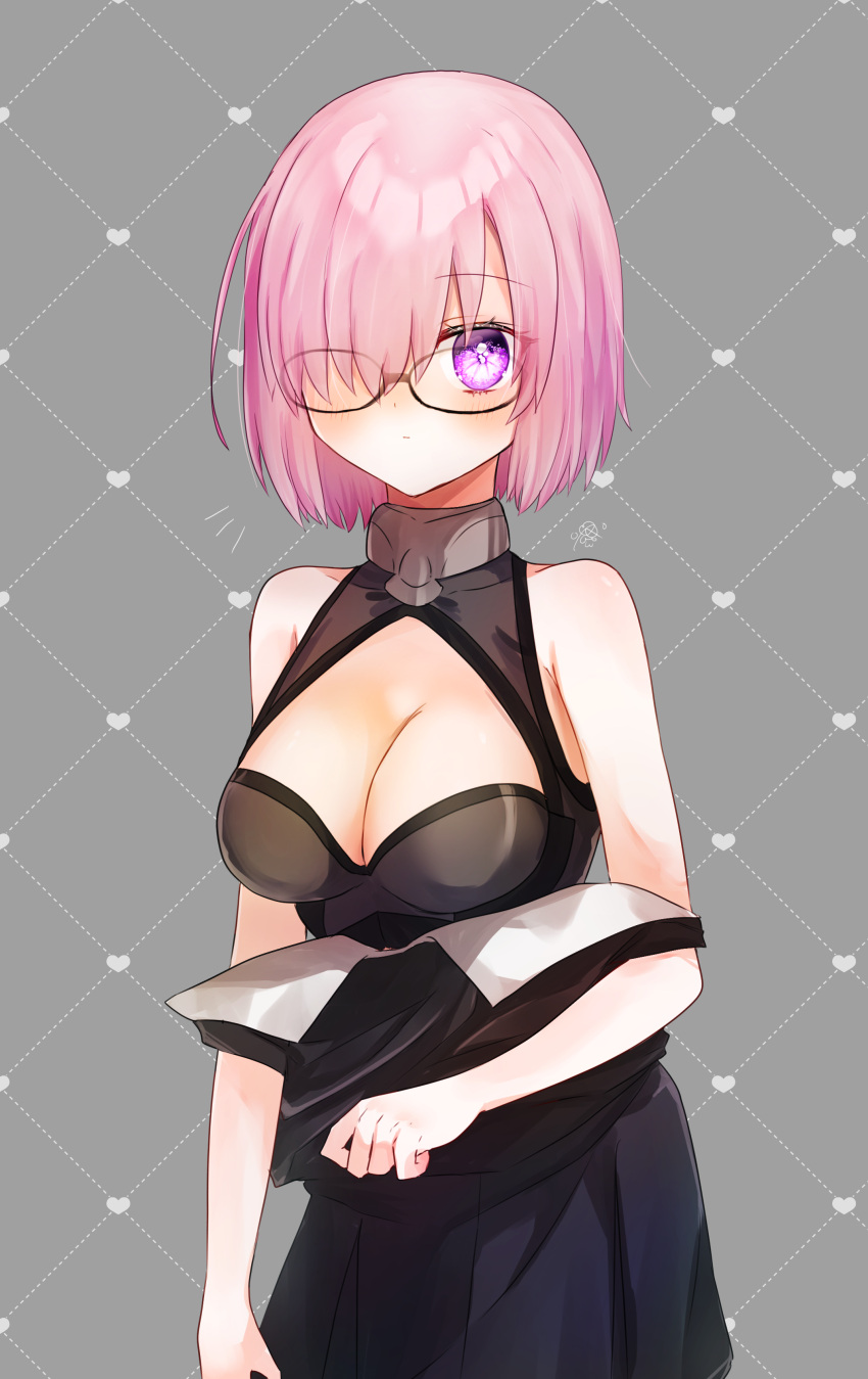 1girl absurdres bare_arms black-framed_eyewear black_dress blush breasts cleavage cleavage_cutout closed_mouth clothes_pull clothing_cutout cowboy_shot dress dress_pull fate/grand_order fate_(series) glasses grey_background hair_over_one_eye harukappa heart highres looking_at_viewer mash_kyrielight medium_breasts medium_hair pink_eyes pink_hair solo standing straight_hair