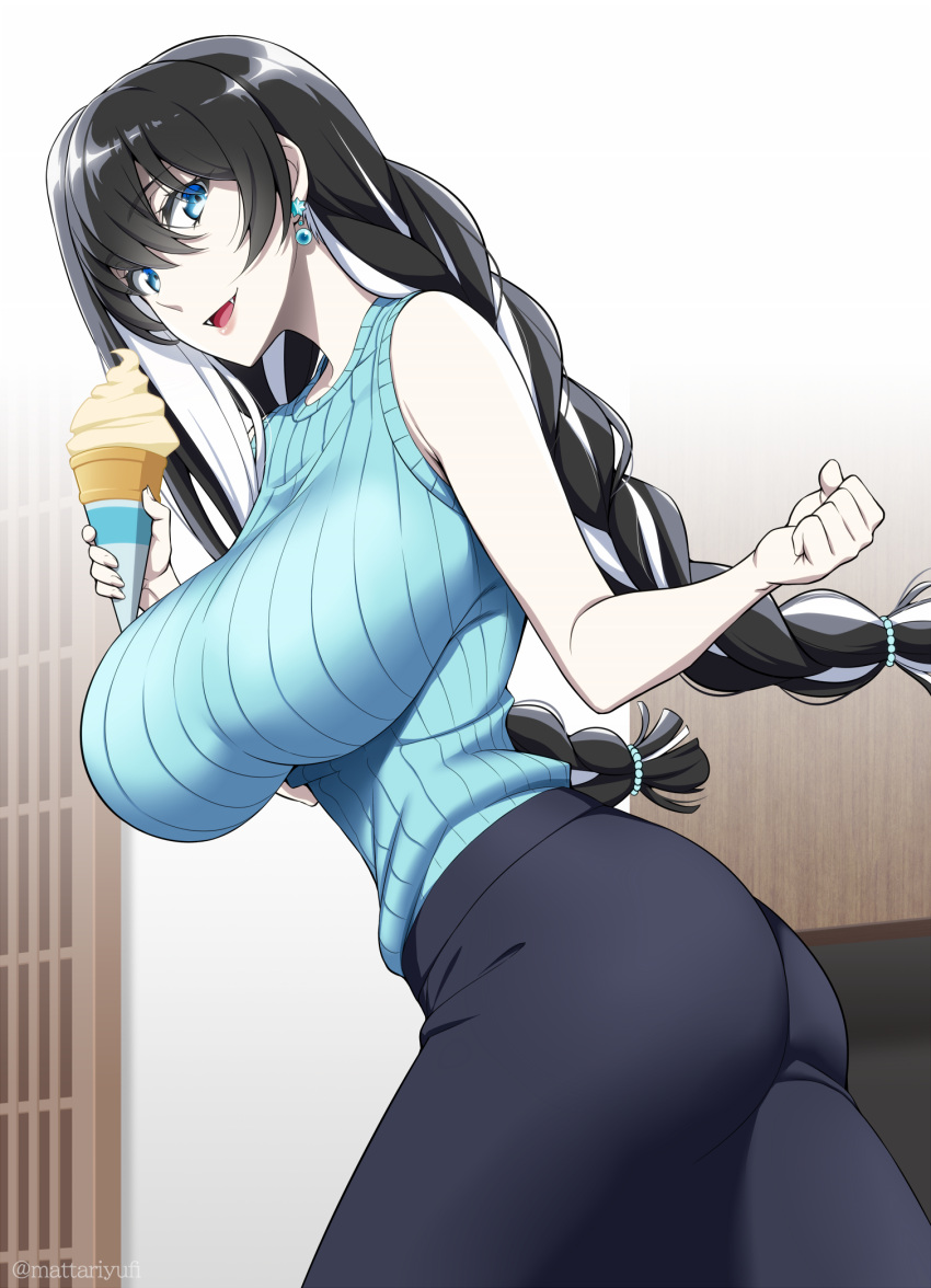 1girl ass black_pants blue_eyes blue_sweater breasts clenched_hand commentary_request earrings food hair_between_eyes hair_tie highres huge_breasts ice_cream ice_cream_cone jewelry kyokou_suiri long_hair looking_at_viewer low_twintails mattari_yufi multicolored_hair open_mouth pants sleeveless sleeveless_sweater smile solo standing streaked_hair sweater twintails upper_body white_hair yuki-onna_(kyokou_suiri)