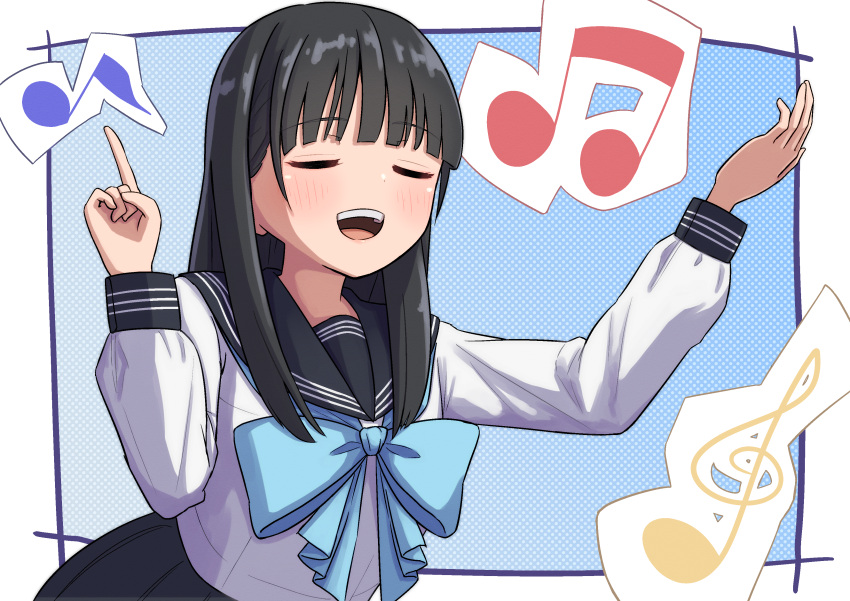 1girl absurdres akebi-chan_no_serafuku akebi_komichi black_hair black_skirt blue_ribbon blush closed_eyes eyebrows_hidden_by_hair flat_chest hand_up highres long_bangs long_hair music musical_note open_mouth pointing pointing_up polka_dot polka_dot_background ribbon school_uniform serafuku shirt singing skirt solo spoken_musical_note teeth upper_body upper_teeth_only user_mfyz3537 white_shirt