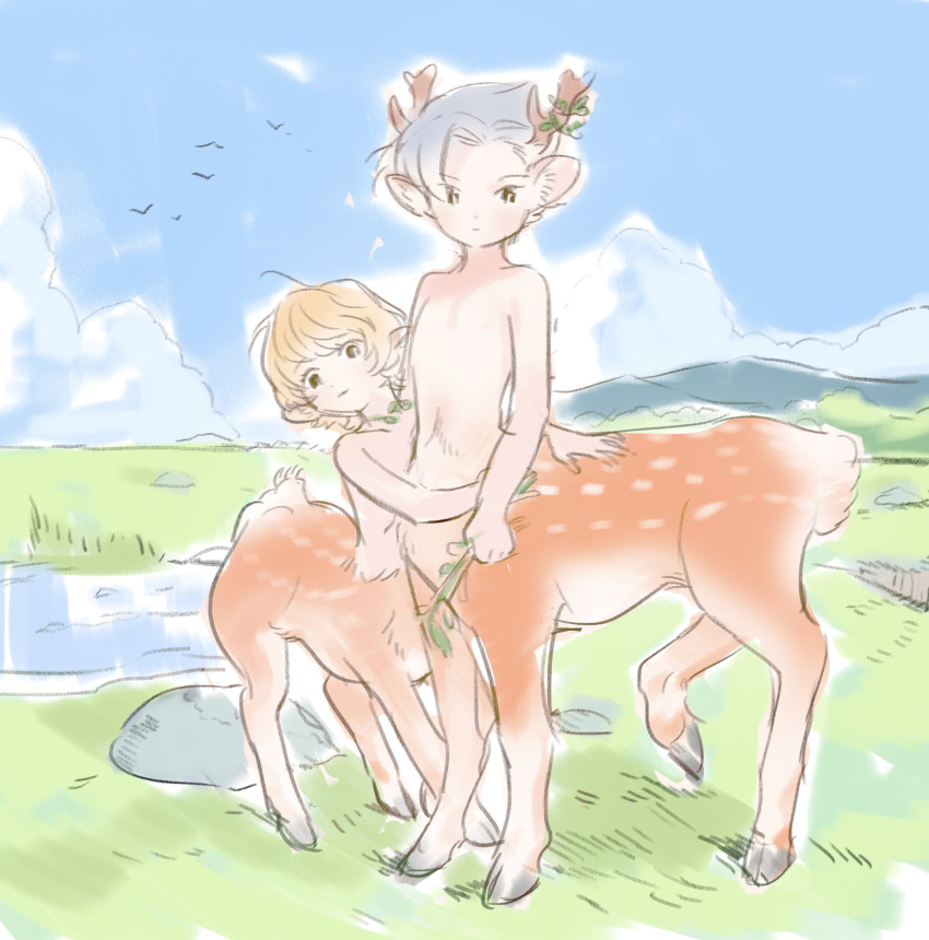 2boys aged_down animal_ear_fluff animal_ears antlers blonde_hair blue_hair blue_sky brothers brown_eyes brown_fur centauroid child clive_rosfield closed_mouth cloud deer_boy deer_ears deer_tail field final_fantasy final_fantasy_xiv full_body grass highres holding holding_plant hooves horns hug joshua_rosfield looking_at_viewer male_focus monster_boy monsterification mountainous_horizon multiple_boys outdoors plant rock short_hair siblings simple_bird sky standing tail taur very_short_hair yoshikawa_5sai