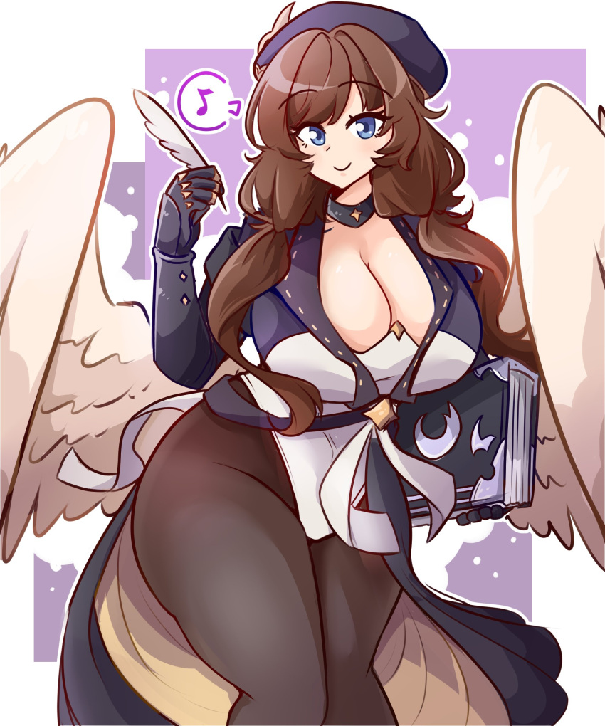 1girl absurdres ashy_(dankestsin) blue_eyes book breasts brown_hair gloves granblue_fantasy hat highres huge_breasts long_hair low_twintails pantyhose quill raziel_(granblue_fantasy) smile thick_thighs thighs twintails wide_hips wings