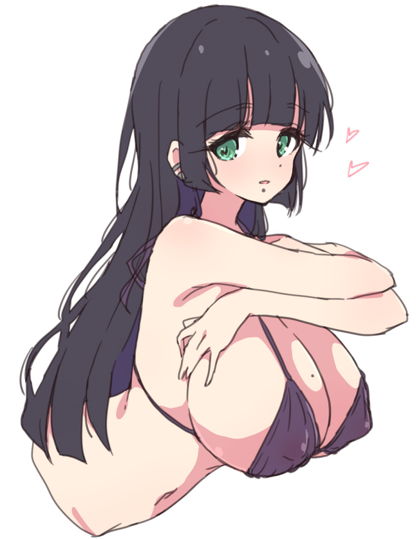 1girl bikini black_bikini black_hair bocchi_the_rock! breasts commentary green_eyes heart highres huge_breasts lip_piercing long_hair looking_at_viewer mel_(melty_pot) mole mole_on_breast navel pa-san piercing simple_background solo swimsuit upper_body white_background