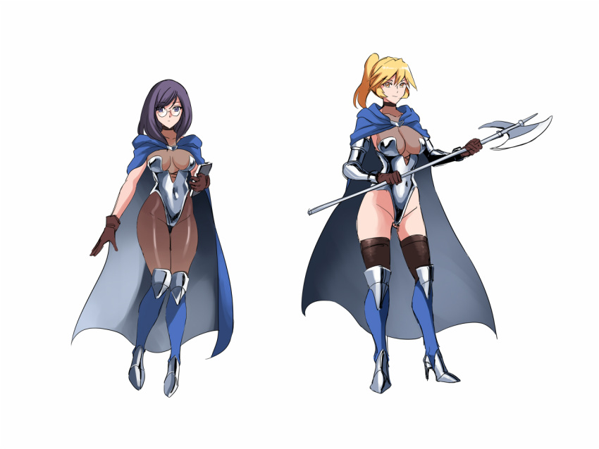 2girls armor armpits ass_visible_through_thighs axe bikini_armor blonde_hair blue_eyes blue_footwear bodystocking book boots breasts cape choker cleavage cloak glasses gloves grey_eyes high_heel_boots high_heels large_breasts leotard long_hair medium_hair multiple_girls original ponytail purple_eyes reference_sheet sketch smile thick_thighs thighs uns_(sdsxsoverlord)