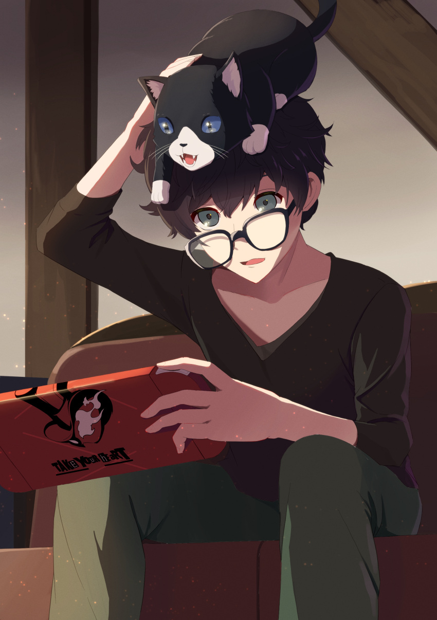 1boy absurdres amamiya_ren animal_on_head black-framed_eyewear black_hair blue_eyes blue_shirt casual cat cat_on_head commentary_request couch fangs feet_out_of_frame glasses green_pants grey_eyes hair_between_eyes handheld_game_console highres holding holding_handheld_game_console indoors light_particles long_sleeves looking_at_viewer looking_down morgana_(persona_5) nintendo_switch on_couch on_head open_mouth pants persona persona_5 persona_5_the_royal shirt short_hair sidelighting sitting solo teeth wavy_hair yasuba_yuichi