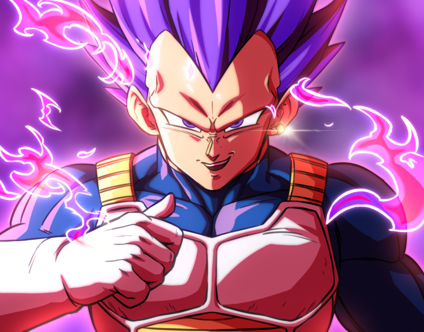 1boy armor aura blue_bodysuit bodysuit breastplate close-up dragon_ball dragon_ball_super food highres looking_at_viewer muscular no_eyebrows pea-bean pointing pointing_at_self pointing_with_thumb purple_background purple_eyes purple_hair saiyan_armor scene_reference skin_tight smirk ultra_ego_(dragon_ball) upper_body vegeta white_armor