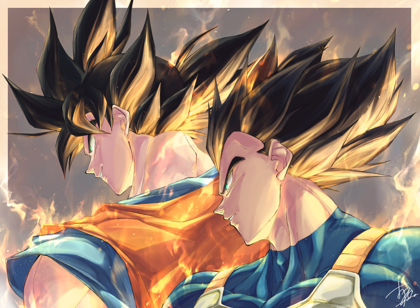 2boys armor aura black_hair blonde_hair blue_bodysuit blue_shirt blue_undershirt bodysuit breastplate dougi dragon_ball dragon_ball_z from_behind green_eyes henshin highres multicolored_hair multiple_boys muscular muscular_male orange_shirt ota_ta999 saiyan saiyan_armor shirt short_sleeves simple_background sleeveless sleeveless_shirt smirk son_goku spiked_hair super_saiyan transformation upper_body vegeta