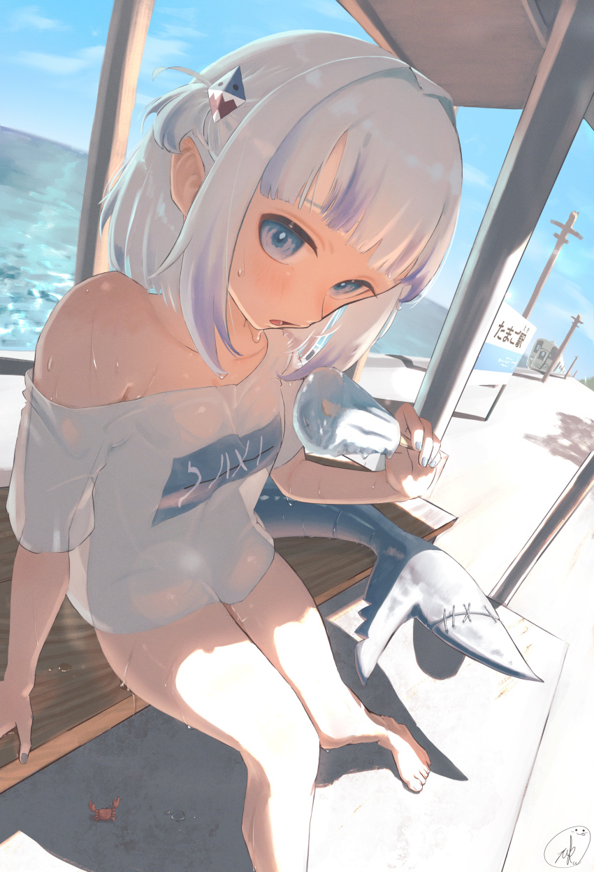 1girl absurdres arm_support artist_logo artist_name barefoot bench blue_eyes blue_hair blue_nails blue_sky blunt_bangs blush breasts cloud collarbone commentary crab dutch_angle fins fish_tail fisheye food foreshortening gawr_gura hair_intakes hair_ornament highres holding holding_food holding_popsicle hololive horizon hot knees_together_feet_apart looking_at_viewer medium_hair multicolored_hair nail_polish no_bra no_pants ocean off_shoulder on_bench open_mouth popsicle saku28364931 see-through_silhouette shadow shark_hair_ornament shark_tail shirt sidelocks sign signature single_bare_shoulder sitting sky small_breasts solo streaked_hair summer sweat t-shirt tail toes train train_station_platform two_side_up utility_pole very_sweaty water wet wet_clothes wet_shirt white_hair white_shirt