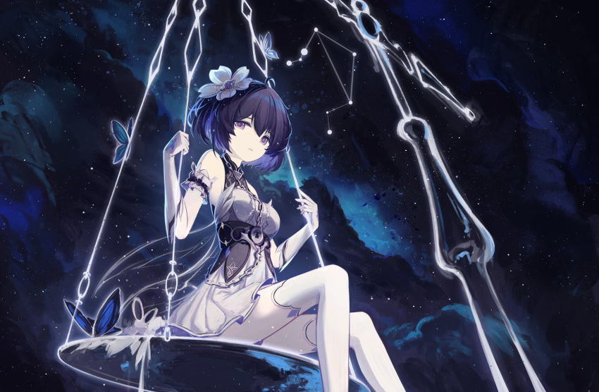 1girl absurdres balance_scale bare_shoulders blue_hair colored_inner_hair constellation darkworldsss dress elbow_gloves feet_out_of_frame flower gloves hair_between_eyes hair_flower hair_ornament highres honkai_(series) honkai_impact_3rd libra_(constellation) looking_at_viewer multicolored_hair pleated_dress purple_eyes purple_hair scythe seele_vollerei seele_vollerei_(stygian_nymph) short_dress short_hair sitting sky sleeveless sleeveless_dress solo space star_(sky) starry_sky swing thighhighs weighing_scale white_dress white_flower white_gloves white_thighhighs
