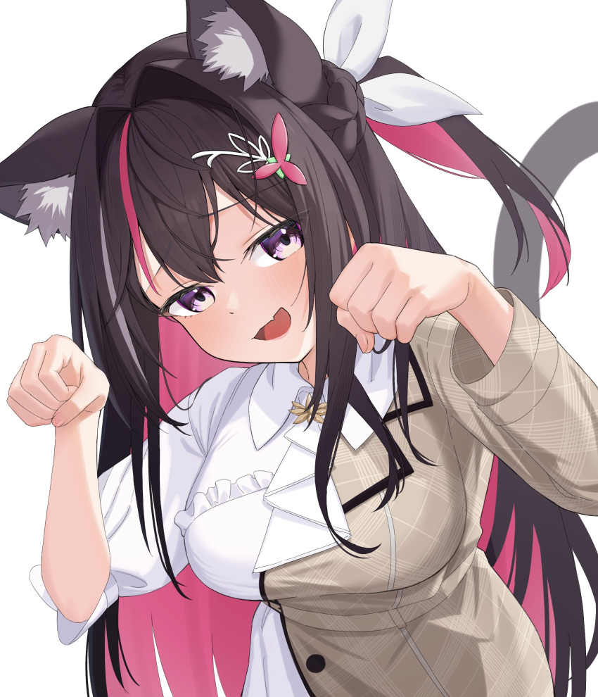 1girl ai_(u_e_o_o) animal_ear_fluff animal_ears azki_(4th_costume)_(hololive) azki_(hololive) black_hair blush breasts cat_ears cat_girl cat_tail colored_inner_hair dress fang hair_between_eyes hair_intakes hair_ornament hairclip highres hololive large_breasts long_hair looking_at_viewer multicolored_hair official_alternate_costume open_mouth pink_hair purple_eyes skin_fang solo streaked_hair tail virtual_youtuber white_dress white_hair