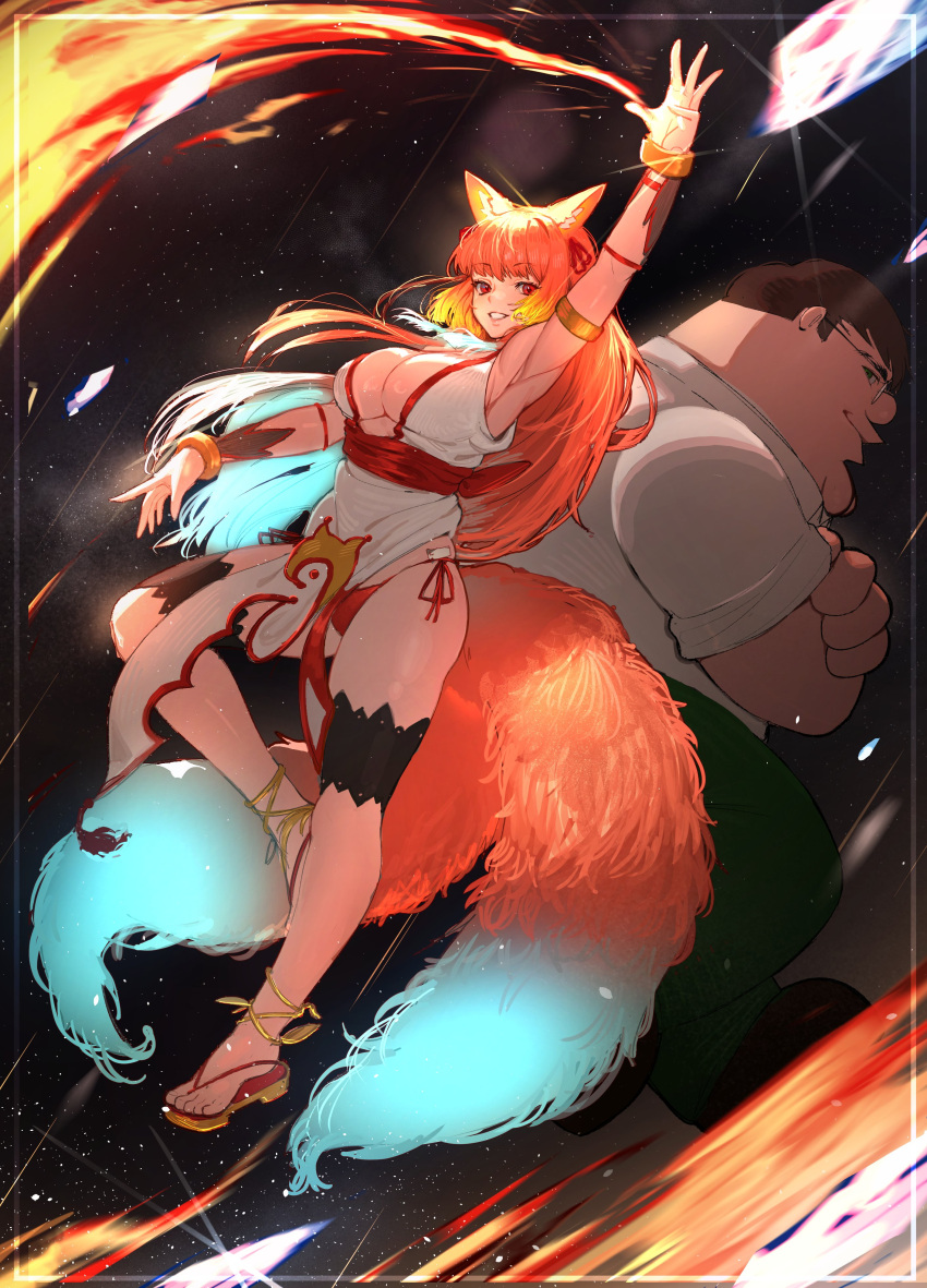 1boy 1girl absurdres animal_ears arm_up armlet armpits bracelet breasts brown_hair cleavage cleft_chin collared_shirt dress family_guy fat fat_man fox_ears fox_girl fox_tail glasses green_pants highres jewelry kowai_(iamkowai) large_breasts long_hair multiple_tails orange_hair original pants peter_griffin red_eyes sandals shirt short_hair tail two_tails very_short_hair white_dress white_shirt