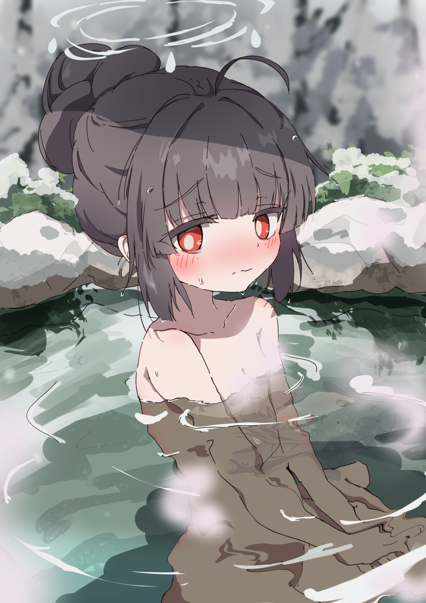 1girl absurdres ahoge black_hair blue_archive blush breasts bright_pupils closed_mouth collarbone completely_nude convenient_censoring grey_halo halo highres long_hair miyu_(blue_archive) natsukari_na nude onsen partially_submerged red_eyes small_breasts solo steam steam_censor water white_pupils
