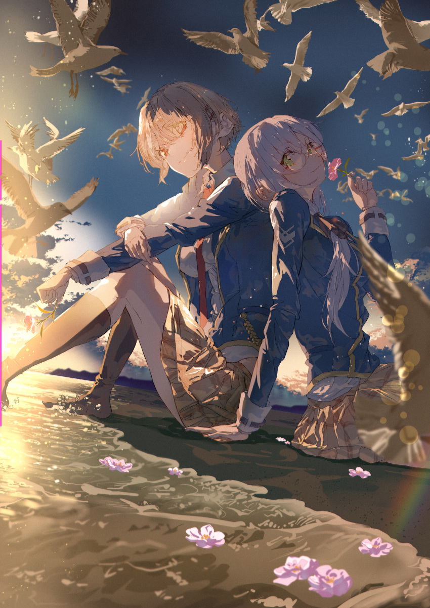 2girls a999212 absurdres back-to-back beach bird blonde_hair blue_jacket blue_sky breasts collared_shirt dawn day flower glasses green_eyes hair_ornament hair_over_one_eye heaven_burns_red highres horizon izumi_yuki_(heaven_burns_red) jacket kayamori_ruka long_hair long_sleeves multiple_girls necktie ocean one_eye_covered outdoors red_eyes red_necktie round_eyewear school_uniform seagull shirt short_hair sky water white_shirt yuri