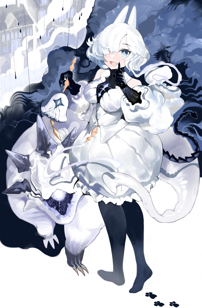 1girl absurdres alchemy_stars bell bethel_(alchemy_stars) black_gloves black_thighhighs blue_eyes breasts creature dress footprints frilled_dress frills gloves hair_over_one_eye highres holding holding_bell horns large_breasts looking_at_viewer mansion menthako puffy_sleeves short_hair sleeveless sleeveless_dress smile snow solo thighhighs unworn_footwear walking white_dress white_hair white_sleeves