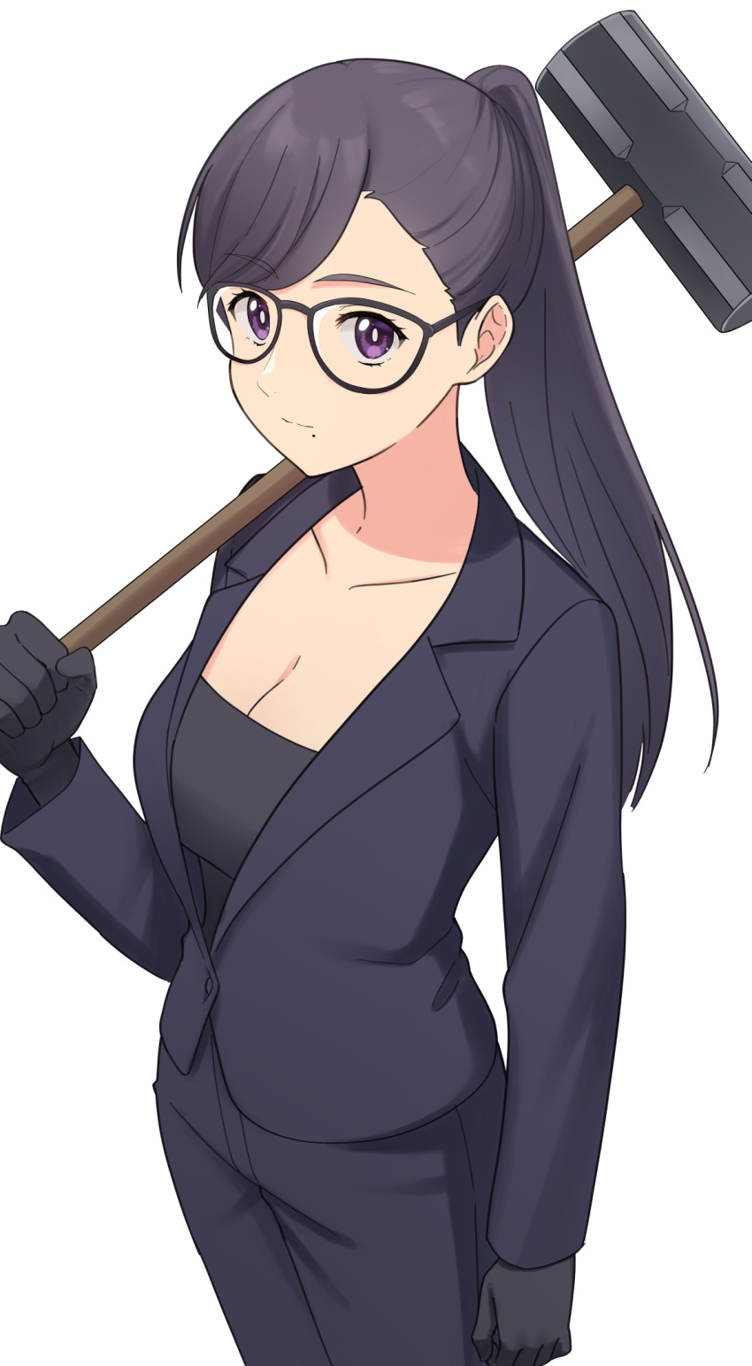 1girl black_gloves black_jacket black_pants breasts cleavage closed_mouth cowboy_shot glasses gloves hammer highres holding holding_hammer jacket long_hair long_sleeves looking_at_viewer medium_breasts minakata_hizuru nzmtarou pants ponytail purple_eyes simple_background sledgehammer solo summertime_render white_background