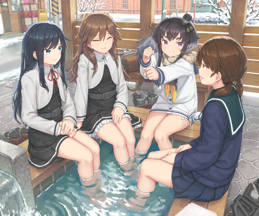 4girls anchor_necklace arashio_(kancolle) armored_boots asashio_(kancolle) asashio_kai_ni_(kancolle) barefoot bench black_dress black_hair black_hairband blue_eyes blue_skirt blue_sweater boots brown_eyes brown_hair brown_scarf bush city clenched_hands closed_eyes closed_mouth commentary dress expressionless fence foot_bath gashapon gradient_hair green_sailor_collar grin hair_between_eyes hair_over_shoulder hairband hands_on_lap hands_up hat hayashi_naoharu highres jewelry kantai_collection laughing long_hair looking_at_another mini_hat multicolored_hair multiple_girls neckerchief necklace on_bench open_mouth outdoors own_hands_together panties pantyshot partially_submerged pleated_skirt punching purple_eyes railing raised_eyebrows ring road sailor_collar scarf school_uniform serafuku shirayuki_(kancolle) shoes short_hair short_hair_with_long_locks shrug_(clothing) sidelocks sidewalk sitting skirt smile snow stone_floor street street_gutter sweater talking teeth thick_eyebrows tokitsukaze_(kancolle) tree twintails underwear unworn_footwear upper_teeth_only utility_pole uwabaki v-shaped_eyebrows water waterfall wedding_ring white_dress white_hair white_panties white_shrug winter wooden_fence yellow_neckerchief