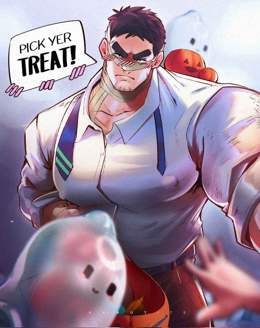 1boy alternate_pectoral_size bandaged_head bandages bara black_hair blush censored character_censor collared_shirt covered_nipples cowboy_shot english_text facial_hair frown ghost goatee_stubble halloween halloween_bucket highres huge_pectorals looking_at_viewer male_focus mature_male muscular muscular_male necktie nekotine_art novelty_censor pov pov_hands senpai_ga_uzai_kouhai_no_hanashi shirt short_hair solo_focus stubble takeda_harumi_(shiromanta) thick_eyebrows trick_or_treat undone_necktie v-shaped_eyebrows