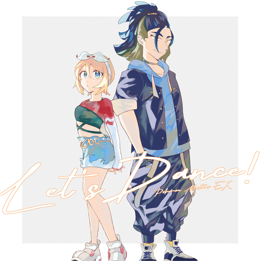 1boy 1girl absurdres adaman_(pokemon) adaman_(special_costume)_(pokemon) arms_behind_back blonde_hair blue_eyes blue_hair blue_hoodie brown_eyes copyright_name denim denim_shorts eyebrow_cut gomabu_(rirurutennsi) grey_footwear hand_in_pocket highres hood hoodie irida_(pokemon) irida_(special_costume)_(pokemon) looking_at_viewer midriff multicolored_hair official_alternate_costume pokemon pokemon_masters_ex shorts standing tank_top two-tone_hair