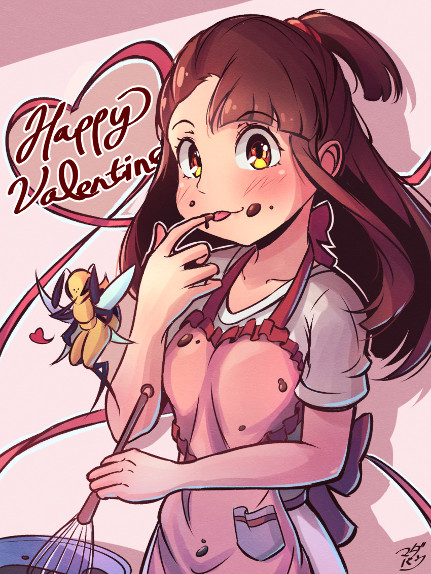 1girl apron asymmetrical_bangs bee bug chocolate cooking food food_on_face happy_valentine high_ponytail highres kagari_atsuko licking_own_finger little_witch_academia long_hair madabau pink_apron solo_focus tasting valentine witch yellow_eyes