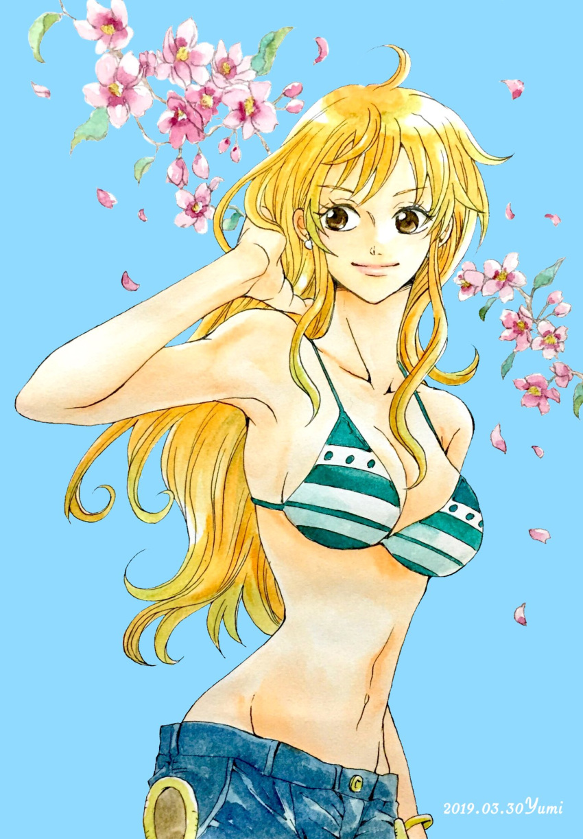 1girl 2019 ahoge bikini bikini_top_only blue_background bracelet brown_eyes cherry_blossoms dated denim earrings falling_petals hanakotoba28 hand_in_own_hair highres jeans jewelry long_hair looking_to_the_side nami_(one_piece) navel one_piece orange_hair pants petals sidelocks solo swimsuit upper_body