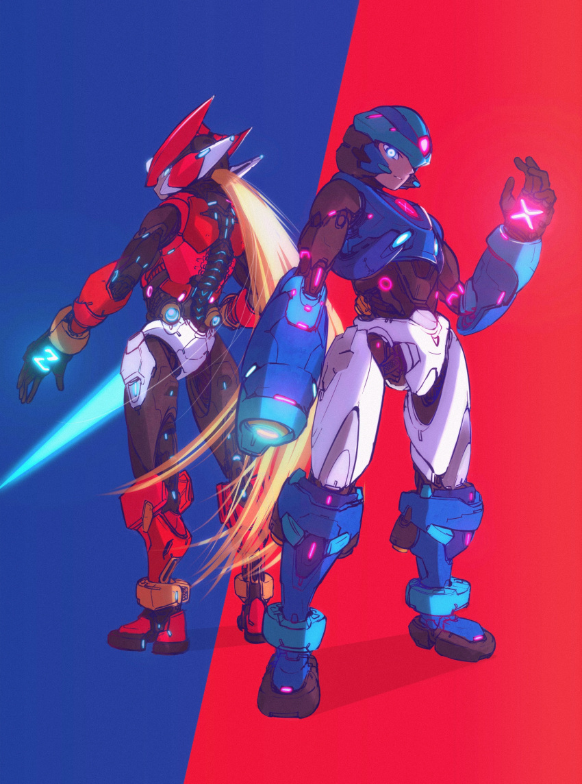 2boys adapted_costume android arm_cannon armor blonde_hair blue_armor blue_background blue_eyes blue_footwear blue_helmet boots character_name crotch_plate energy_sword forehead_jewel from_behind glowing highres holding holding_sword holding_weapon long_hair looking_at_viewer looking_back mechaklear mega_man_(series) mega_man_zero_(series) multiple_boys neon_trim red_armor red_background red_footwear red_helmet robot sword weapon x_(mega_man) z_saber zero(z)_(mega_man) zero_(mega_man)