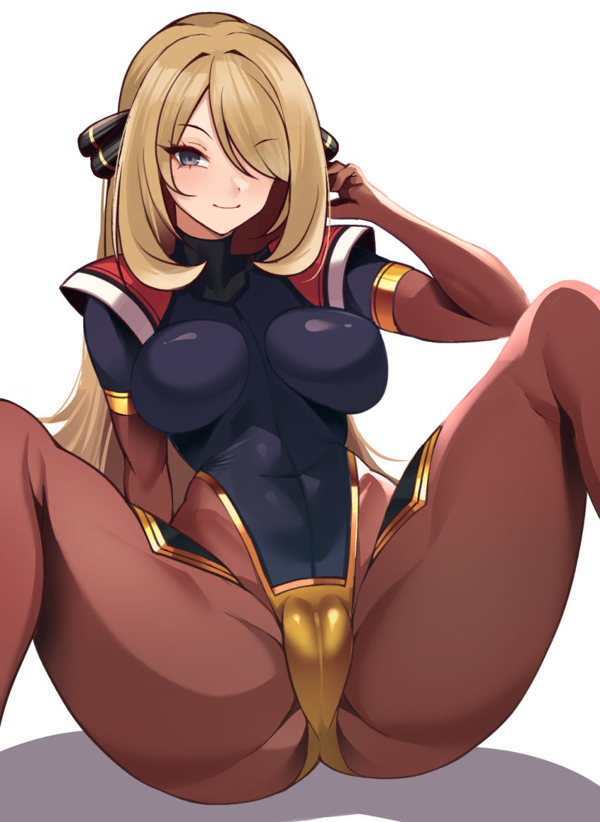 1girl athletic_leotard blonde_hair bodysuit breasts cameltoe cleft_of_venus cynthia_(pokemon) feet_out_of_frame grey_eyes hair_over_one_eye highleg highres large_breasts leotard long_hair looking_at_viewer pokemon pokemon_dppt simple_background skin_tight smile volyz white_background