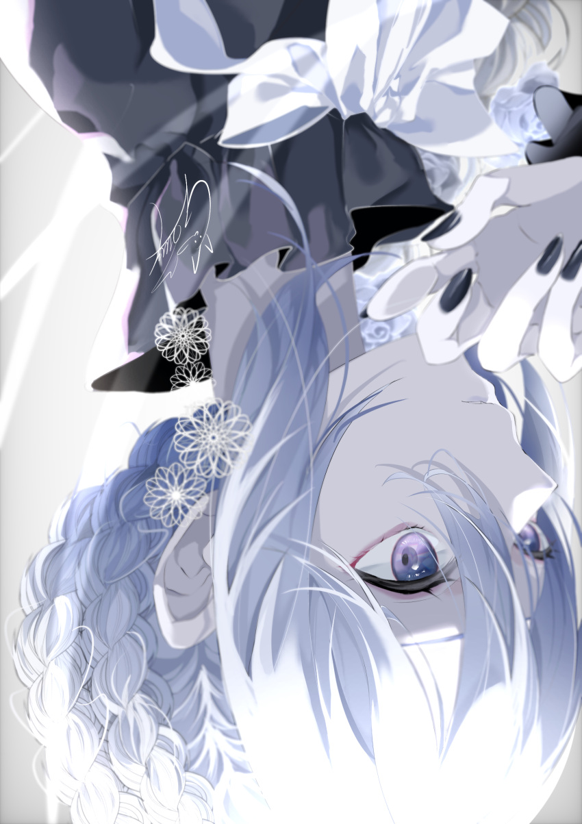 1girl absurdres black_nails bow braid braided_ponytail close-up fingernails goma_irasuto grey_background hair_between_eyes highres nail_polish original parted_lips purple_eyes upper_body upside-down white_bow white_hair white_theme