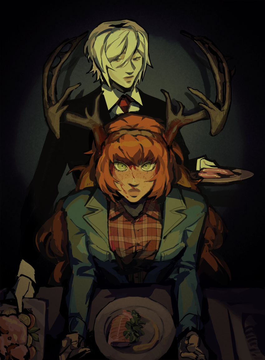 2400db 2girls absurdres antlers arms_on_table black_jacket black_suit blonde_hair blood blood_on_antlers blood_on_face blush brown_hairband closed_mouth dining_room dress_shirt faust_(project_moon) food freckles green_eyes green_jacket grey_eyes hairband hannibal_(tv_series) highres holding holding_plate horns indoors ishmael_(project_moon) jacket limbus_company looking_ahead looking_at_viewer multiple_girls necktie plate project_moon red_necktie red_shirt shirt short_hair sideways_glance suit suit_jacket table white_shirt