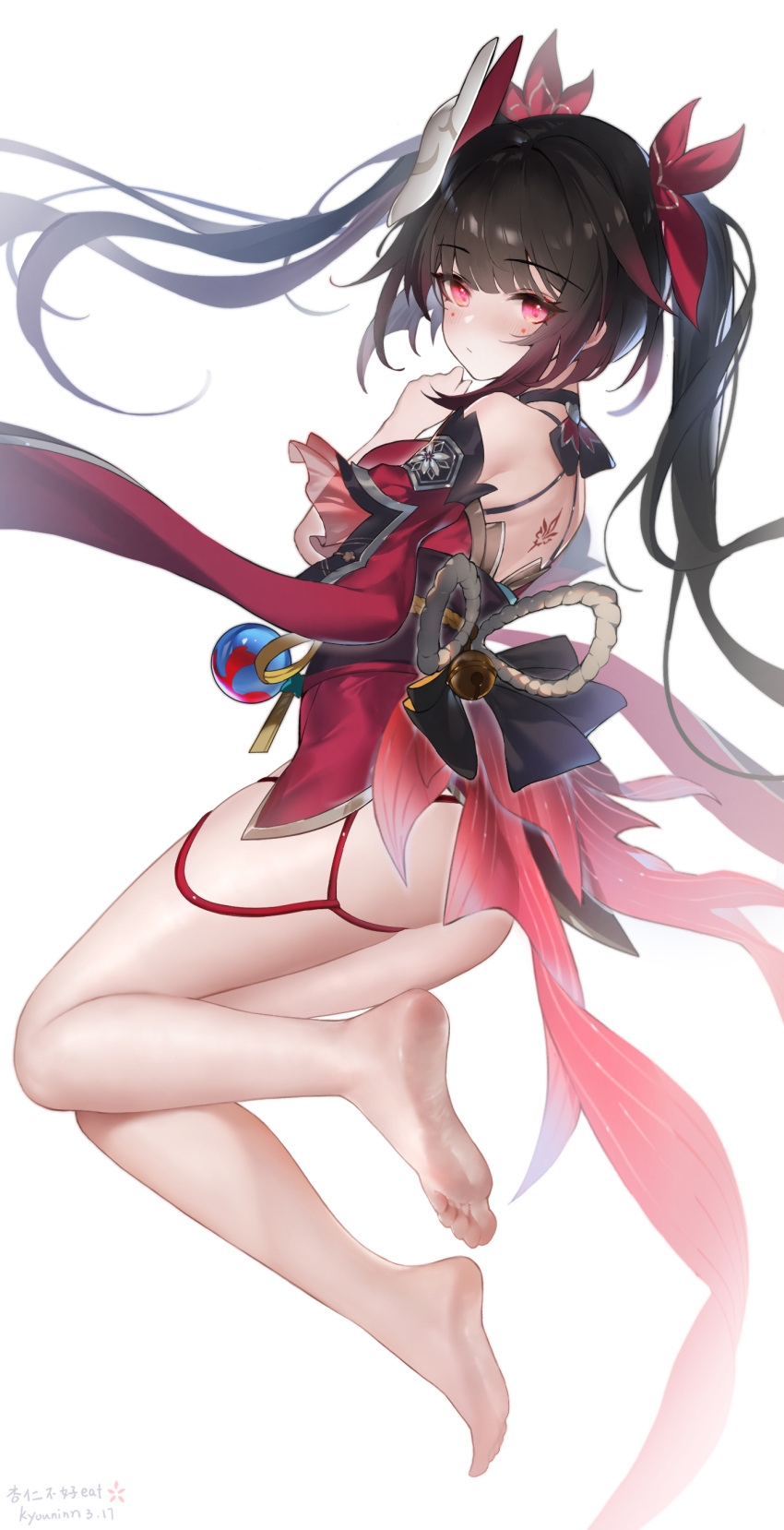 1girl absurdres artist_name back_tattoo barefoot bell black_hair blush closed_mouth dated dress facial_mark feet from_side full_body highres honkai:_star_rail honkai_(series) legs long_hair looking_at_viewer looking_to_the_side mask mask_on_head obi obijime pink_eyes red_dress red_ribbon ribbon rope sash simple_background soles solo sparkle_(honkai:_star_rail) tattoo thighs twintails white_background xingren_bu_hao_eat