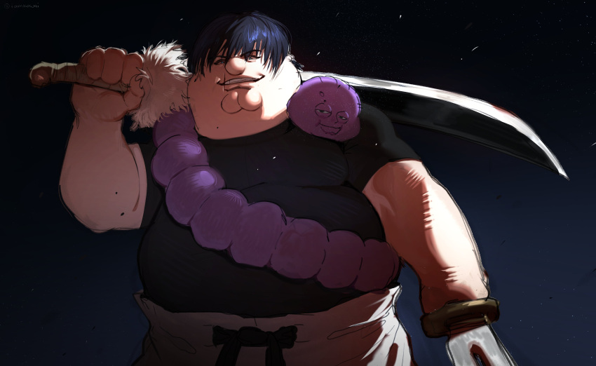 1boy absurdres black_hair black_shirt blue_eyes cleft_chin cosplay dual_wielding family_guy fushiguro_touji fushiguro_touji_(cosplay) highres holding holding_sword holding_weapon jujutsu_kaisen kowai_(iamkowai) long_hair male_focus peter_griffin shirt short_hair solo sword very_long_hair very_short_hair weapon