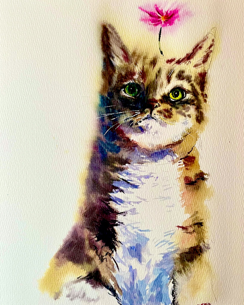 animal animal_focus cat flower flower_on_head highres looking_at_viewer no_humans original painting_(medium) pink_flower realistic shibakaka traditional_media watercolor_(medium)