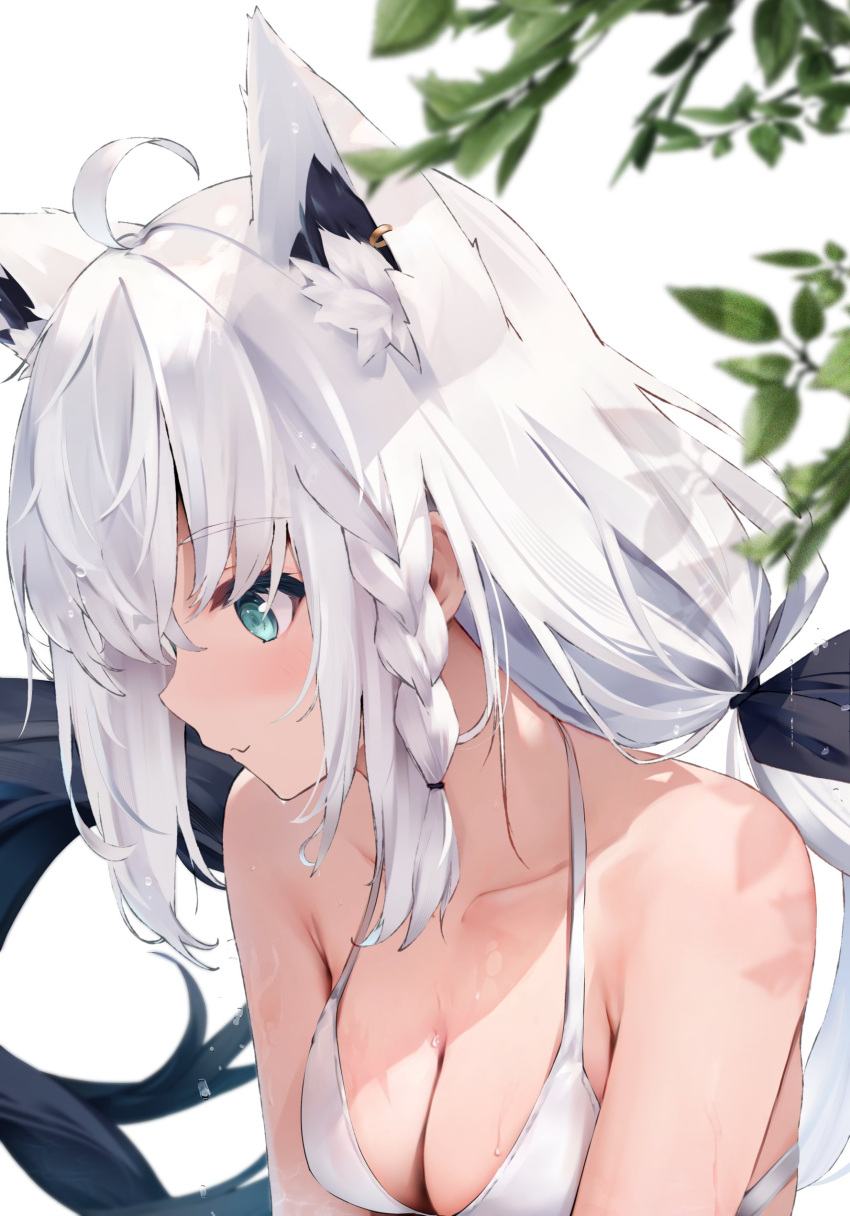 1girl absurdres ahoge animal_ear_fluff animal_ear_piercing animal_ears aqua_eyes bikini braid breasts cleavage closed_mouth commentary extra_ears fox_ears fox_girl highres hololive long_hair looking_to_the_side low_ponytail medium_breasts shirakami_fubuki single_braid solo swimsuit symbol-only_commentary uechin_ewokaku upper_body white_bikini white_hair