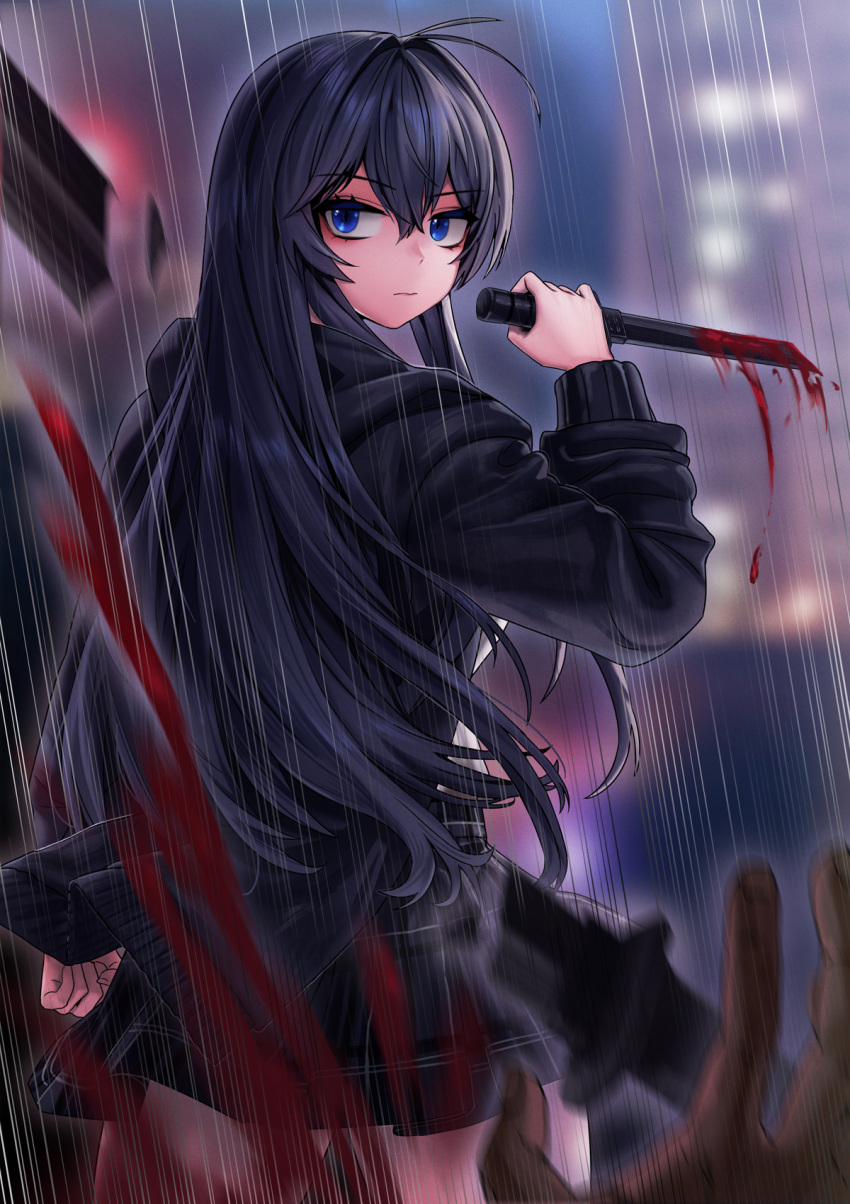 1girl ahoge back black_hair black_jacket blood blood_on_weapon blood_splatter blue_eyes blurry blurry_background broken broken_weapon cain_(gunnermul) city_lights clenched_hand closed_mouth cowboy_shot emphasis_lines hair_between_eyes hand_up highres holding holding_knife jacket knife long_hair looking_at_viewer looking_back night night_sky original out_of_frame outdoors plaid plaid_skirt pleated_skirt reverse_grip skirt sky weapon