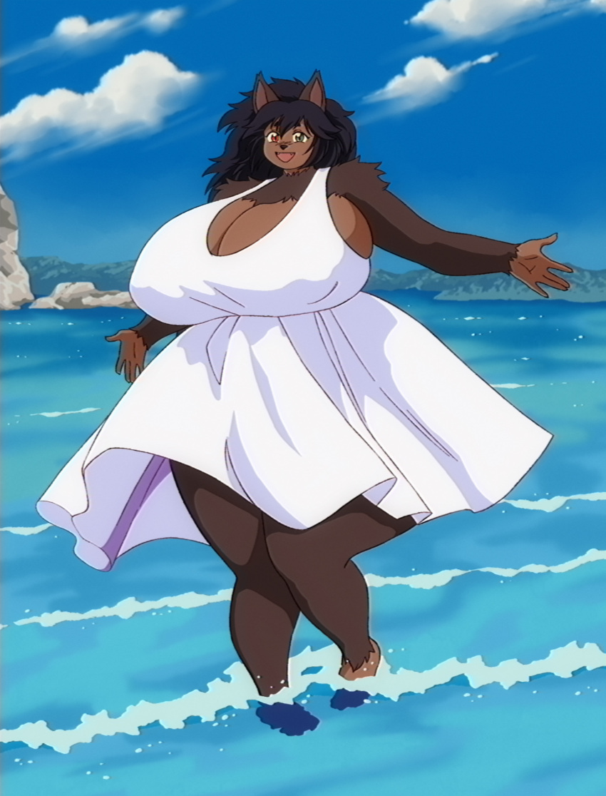 anthro bare_shoulders barefoot big_breasts black_hair black_nose breasts brown_body brown_fur canid canine canis cleavage clothed clothing cloud curvy_figure day dress feet female fenrie_(fenrir_brown) fenrir_brown full-length_portrait fur green_eyes hair hi_res huge_breasts looking_at_viewer mammal open_mouth outside partially_submerged portrait red_eyes sea sky smile solo standing thick_thighs voluptuous water white_clothing white_dress wolf