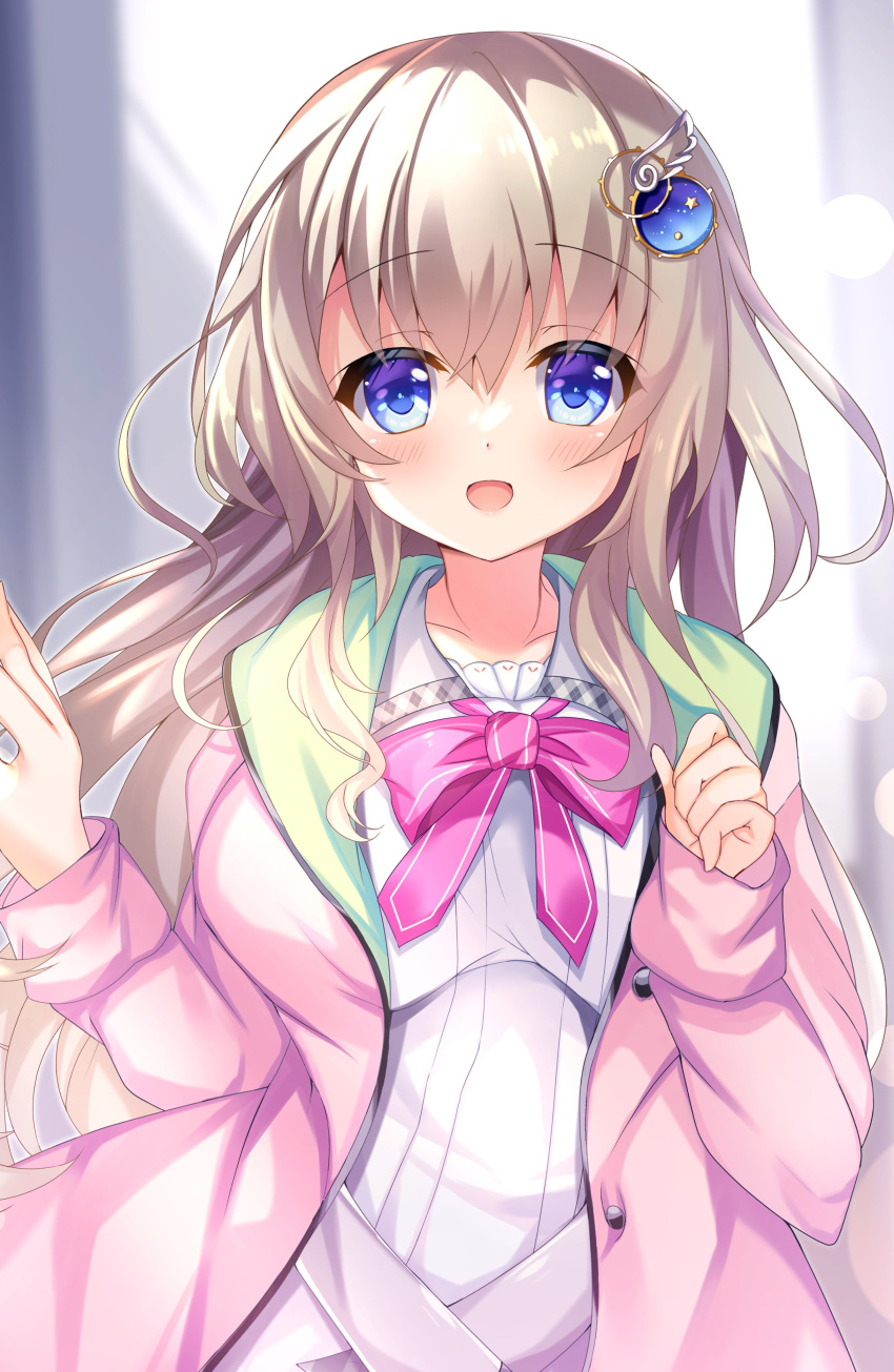 1girl 9-nine- :d absurdres blue_eyes blush cardigan colored_eyelashes commentary eyes_visible_through_hair gear_hair_ornament grey_background hair_between_eyes hakugan hands_up happy highres kujou_miyako light_brown_hair long_hair looking_at_viewer neck_ribbon open_cardigan open_clothes open_mouth pink_cardigan pink_ribbon ribbon school_uniform shirt sidelocks simple_background sleeves_past_wrists smile solo star_(symbol) straight-on tareme upper_body very_long_hair wavy_hair white_shirt wing_hair_ornament